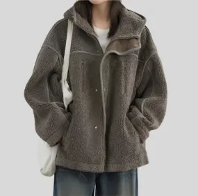 Solid Loose Hooded Stand Up Collar Jacket