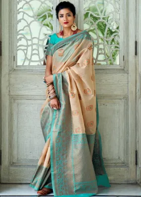 Subtle Beige Woven Linen Silk Saree with Butti overall