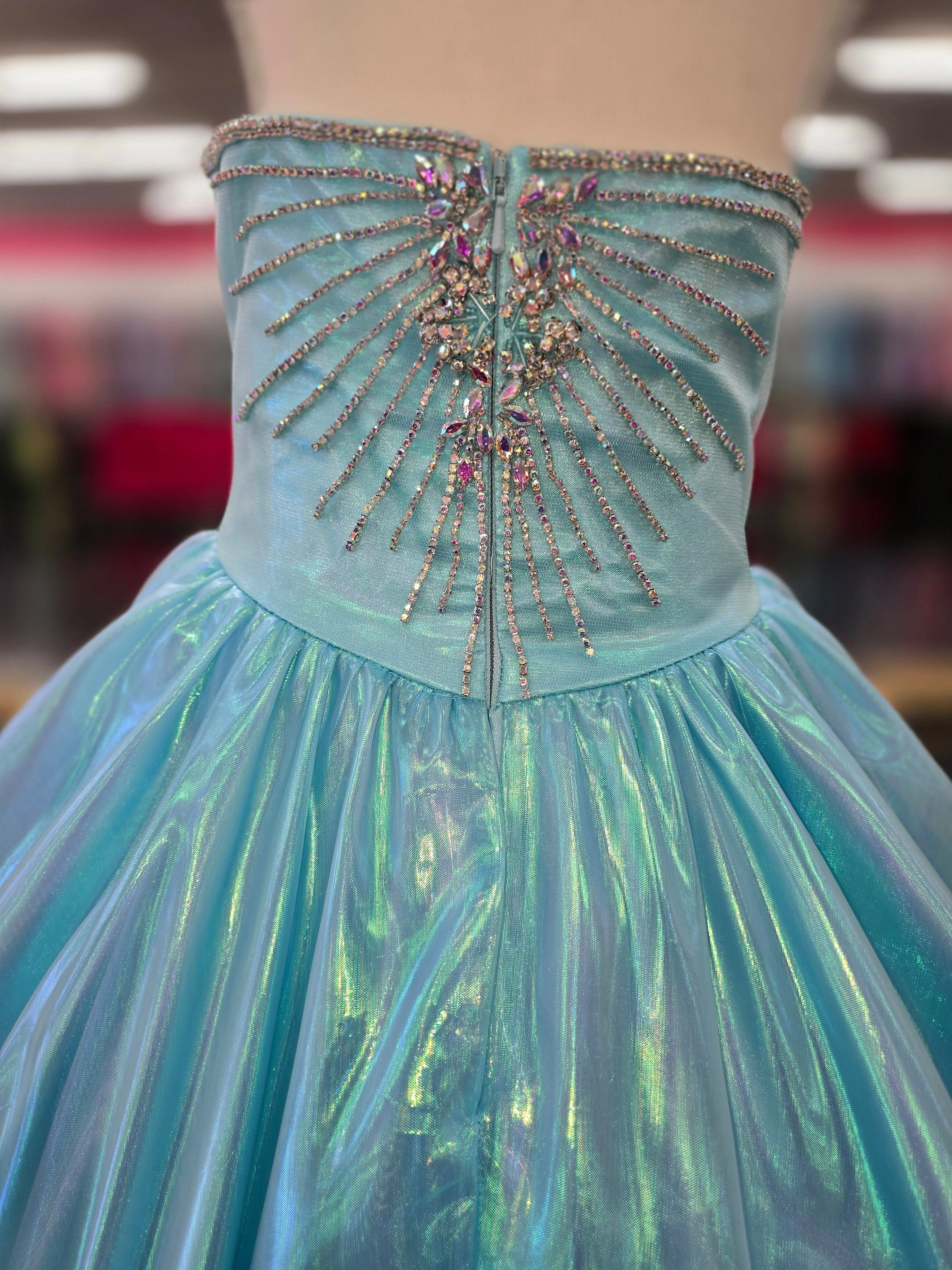 Sugar Kayne C334 Size 6 Blue Girls Pageant Dress Iridescent Organza Sweetheart Neckline Long Ball Gown Skirt