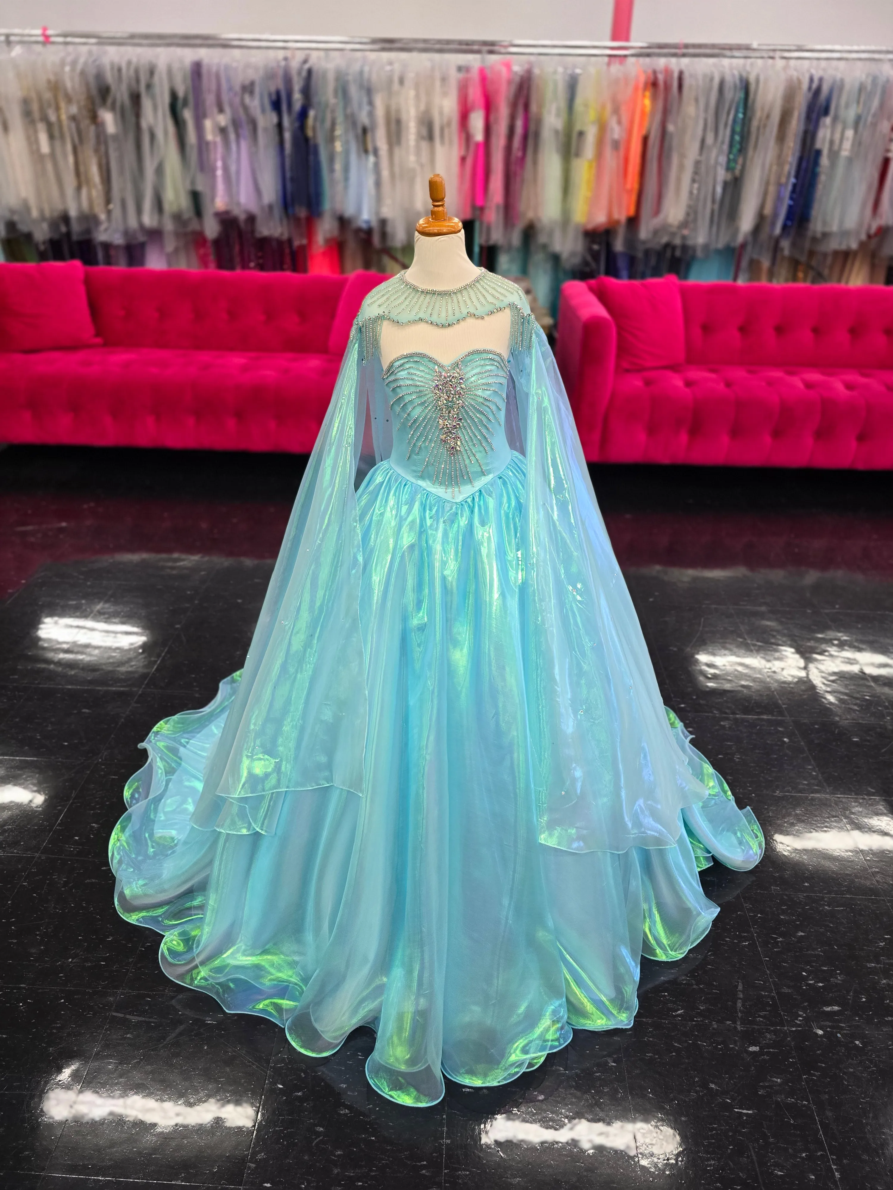 Sugar Kayne C334 Size 6 Blue Girls Pageant Dress Iridescent Organza Sweetheart Neckline Long Ball Gown Skirt