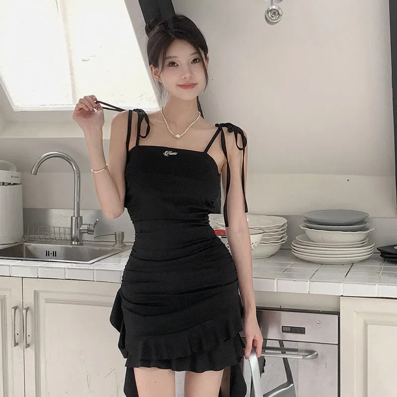 TastyHottie - Black Slinky Ruffle Detail Midi Dress