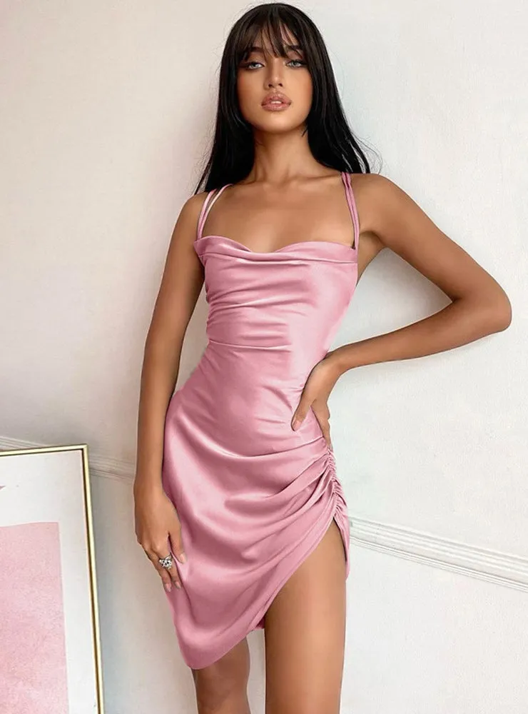 TastyHottie - Women Pink Satin Bodycon Sling Slit Dress