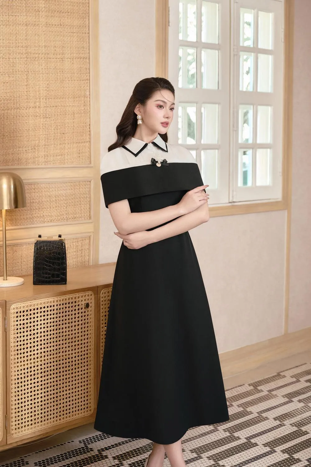 Thalia A-line Cape Shoulder Linen Cotton Midi Dress