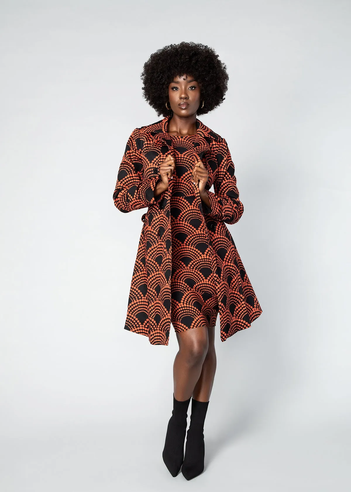 Tiasale Women's African Print Utility Trench Coat (Black Amber Dots)