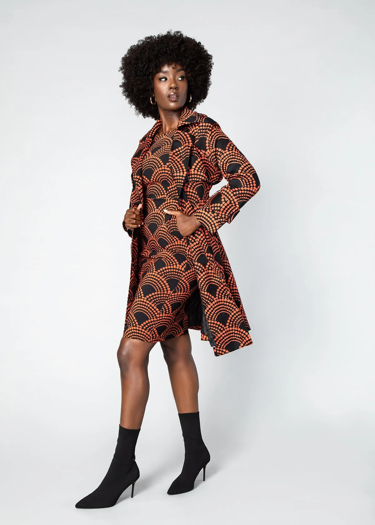 Tiasale Women's African Print Utility Trench Coat (Black Amber Dots)