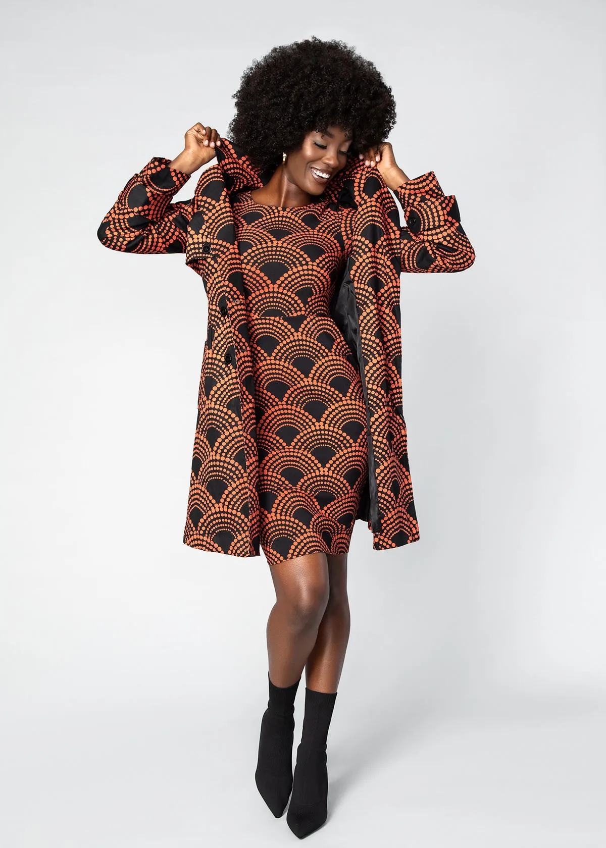 Tiasale Women's African Print Utility Trench Coat (Black Amber Dots)