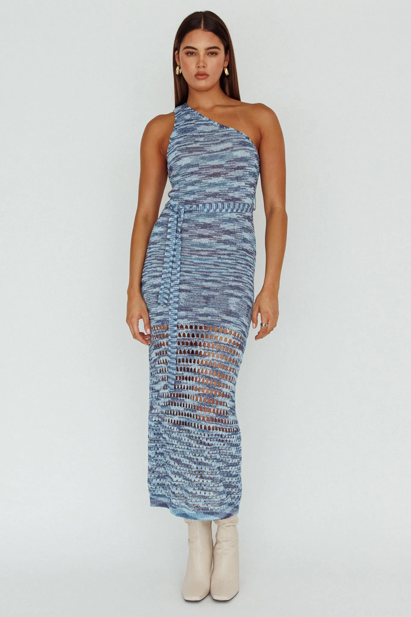 Tyanna One-Shoulder Knit Midi Dress Blue Multi