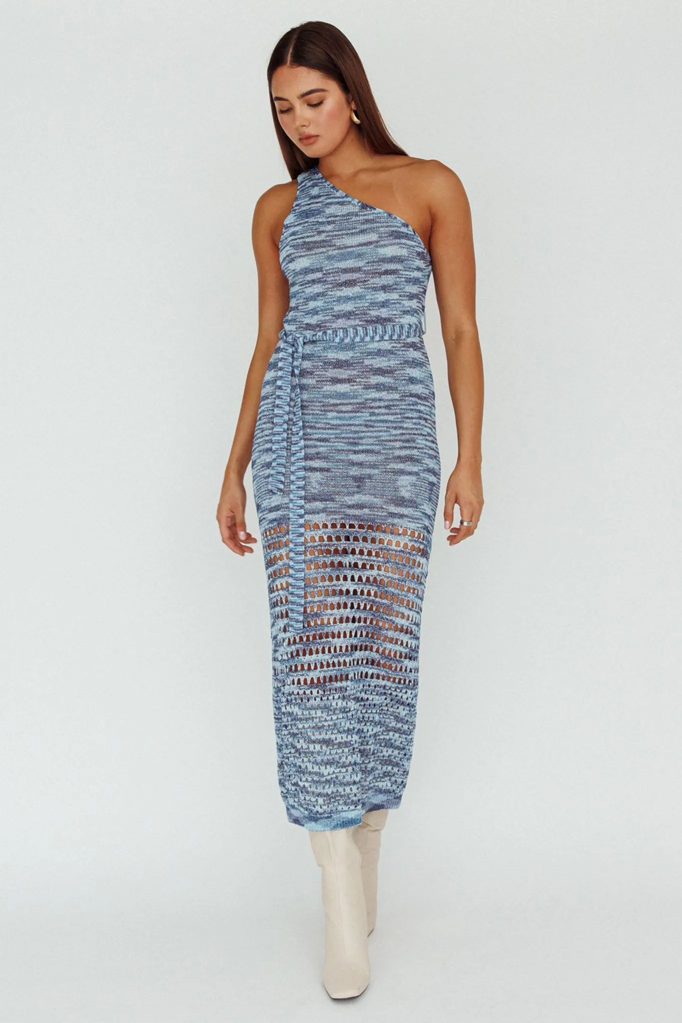 Tyanna One-Shoulder Knit Midi Dress Blue Multi