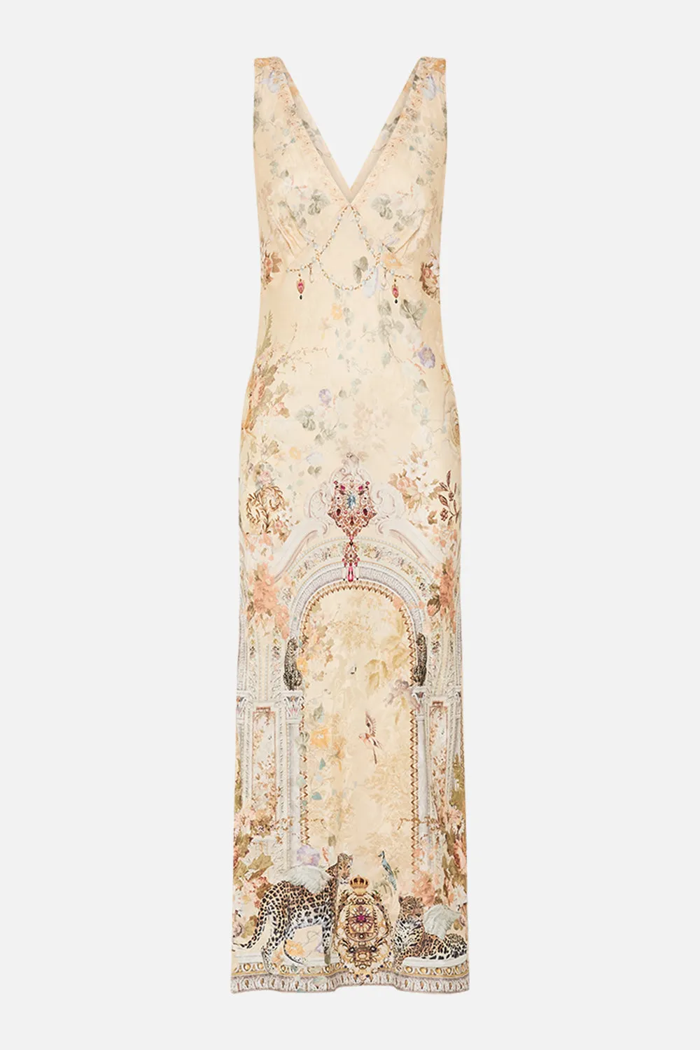 V-NECK JACQUARD SLIP DRESS ADORNED IN ANTIQUITY