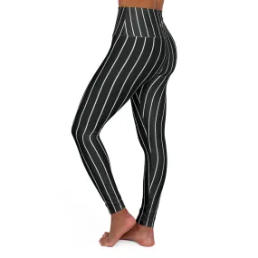 Vertically Black Striped Tights, High Waisted Yoga Leggings, Black White Stripes Women's Tights - Made in USA