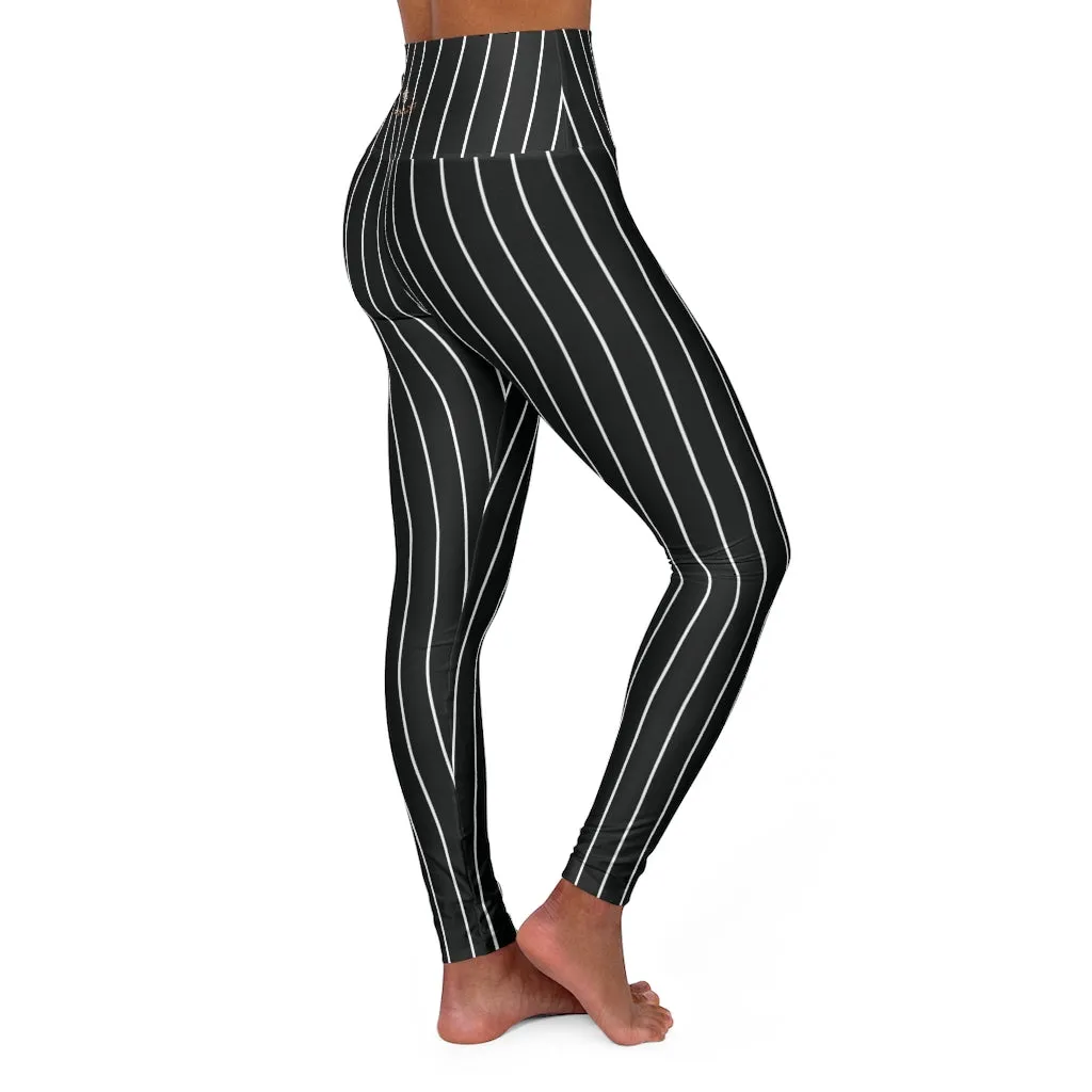 Vertically Black Striped Tights, High Waisted Yoga Leggings, Black White Stripes Women's Tights - Made in USA