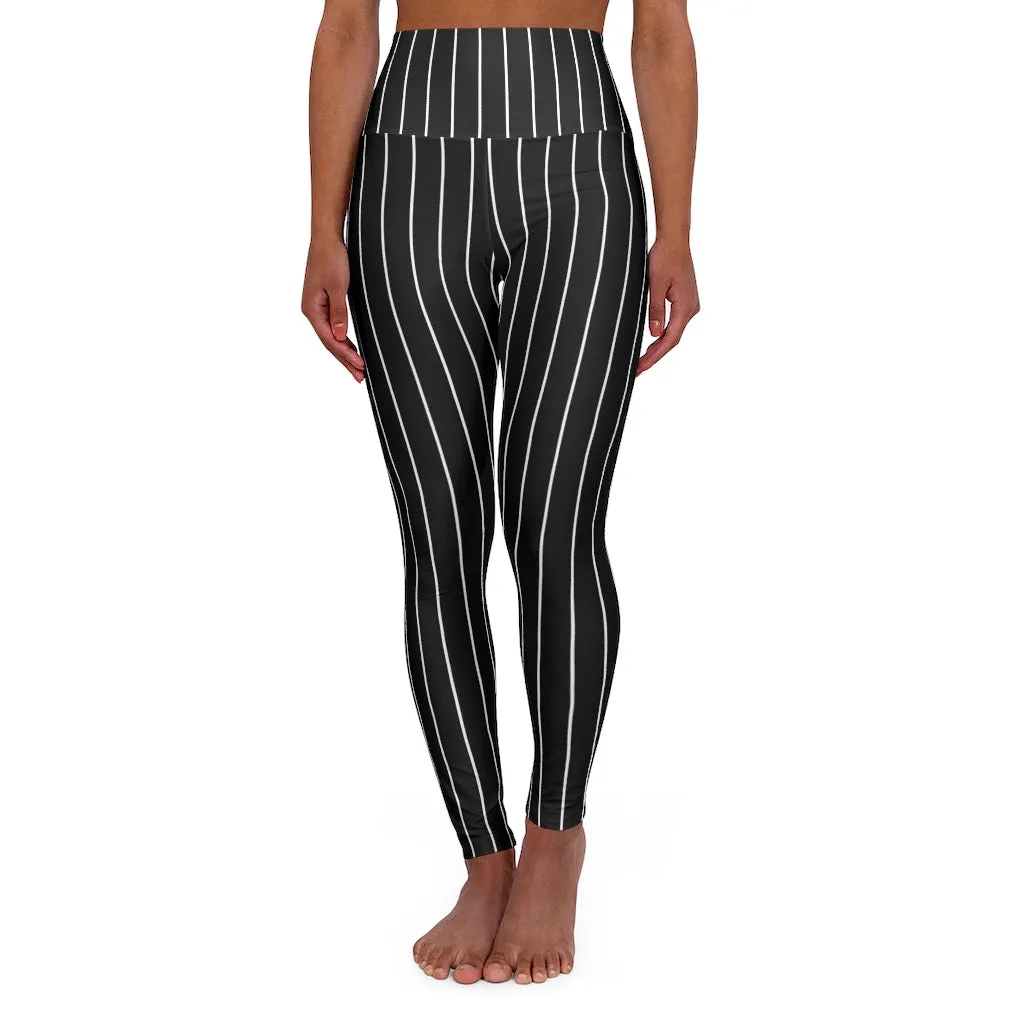 Vertically Black Striped Tights, High Waisted Yoga Leggings, Black White Stripes Women's Tights - Made in USA