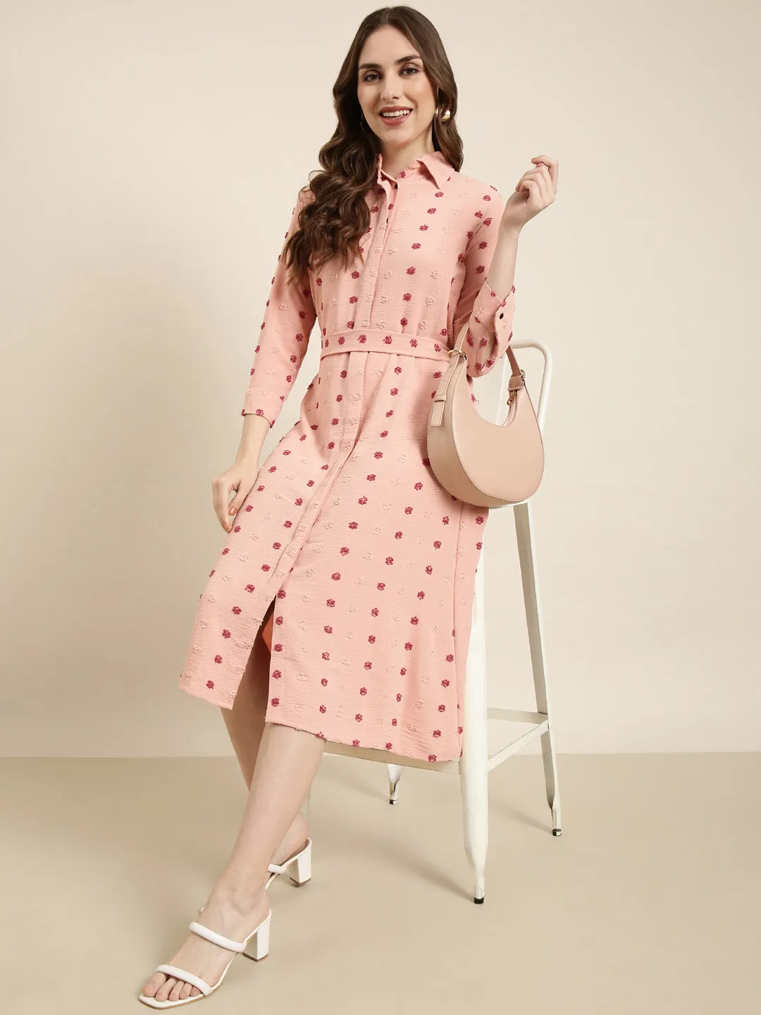 Women Peach Self Design Shirt Dress