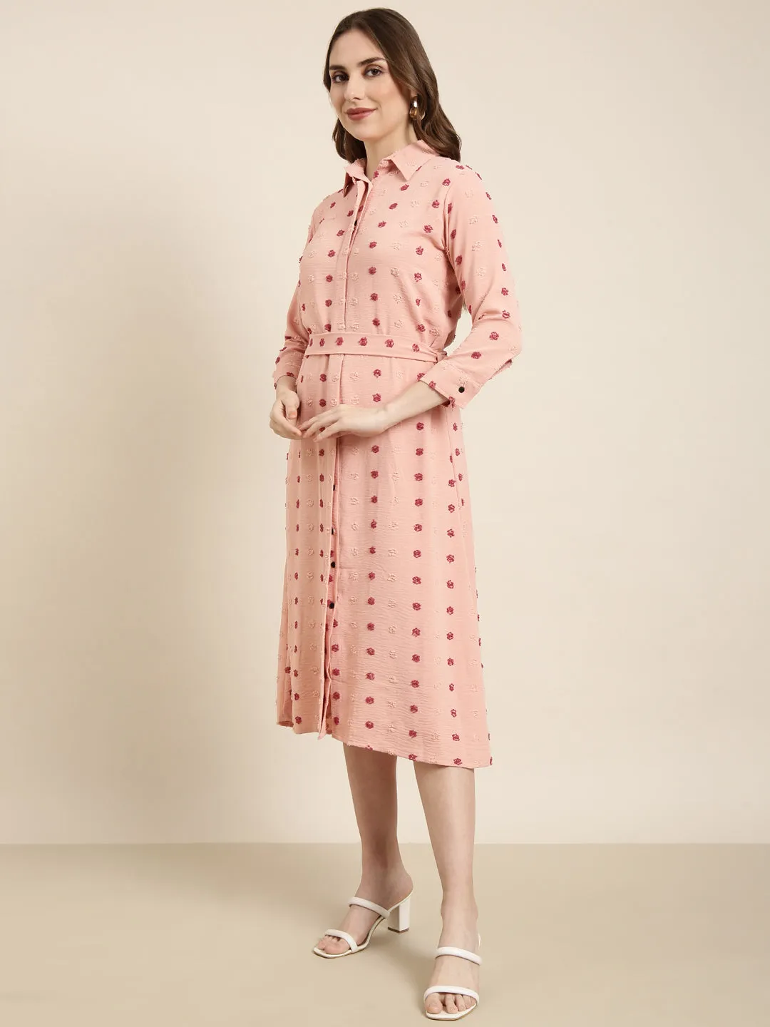 Women Peach Self Design Shirt Dress