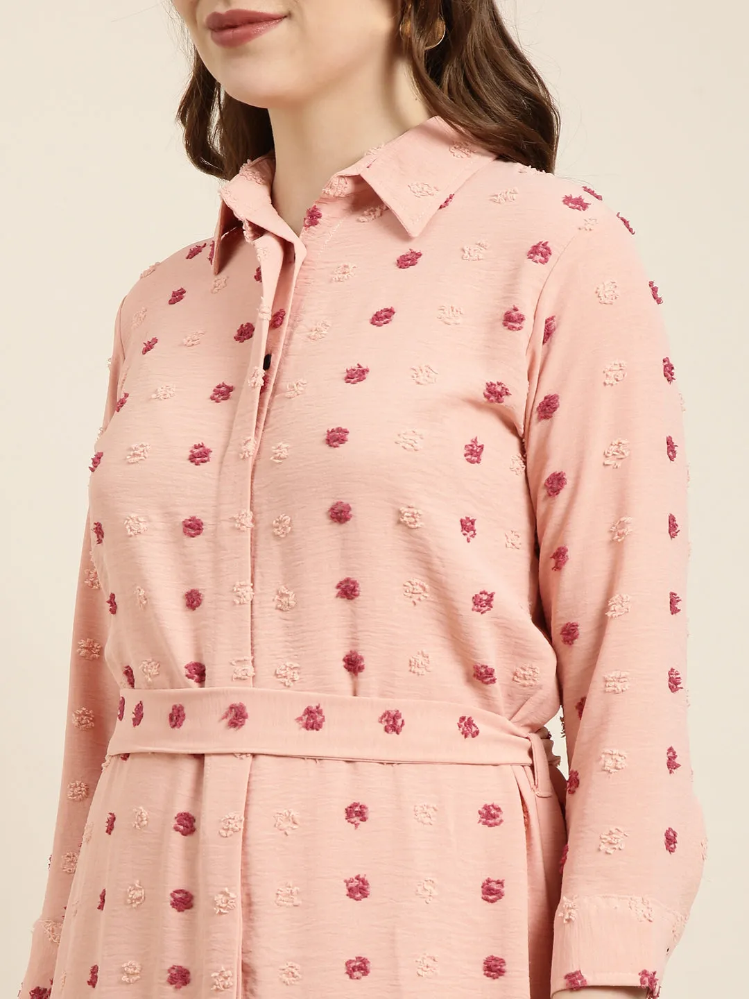 Women Peach Self Design Shirt Dress