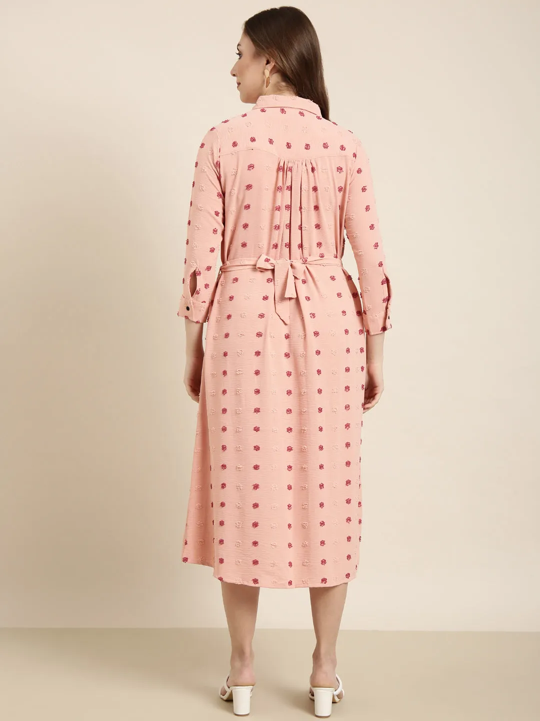 Women Peach Self Design Shirt Dress