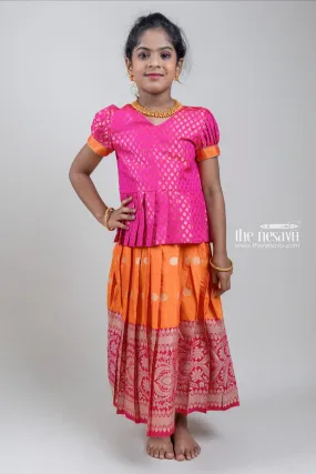 Zari Brocade Printed Pink Silk Peplum Blouse with Knife Pleated Pink Silk Skirt for Girls